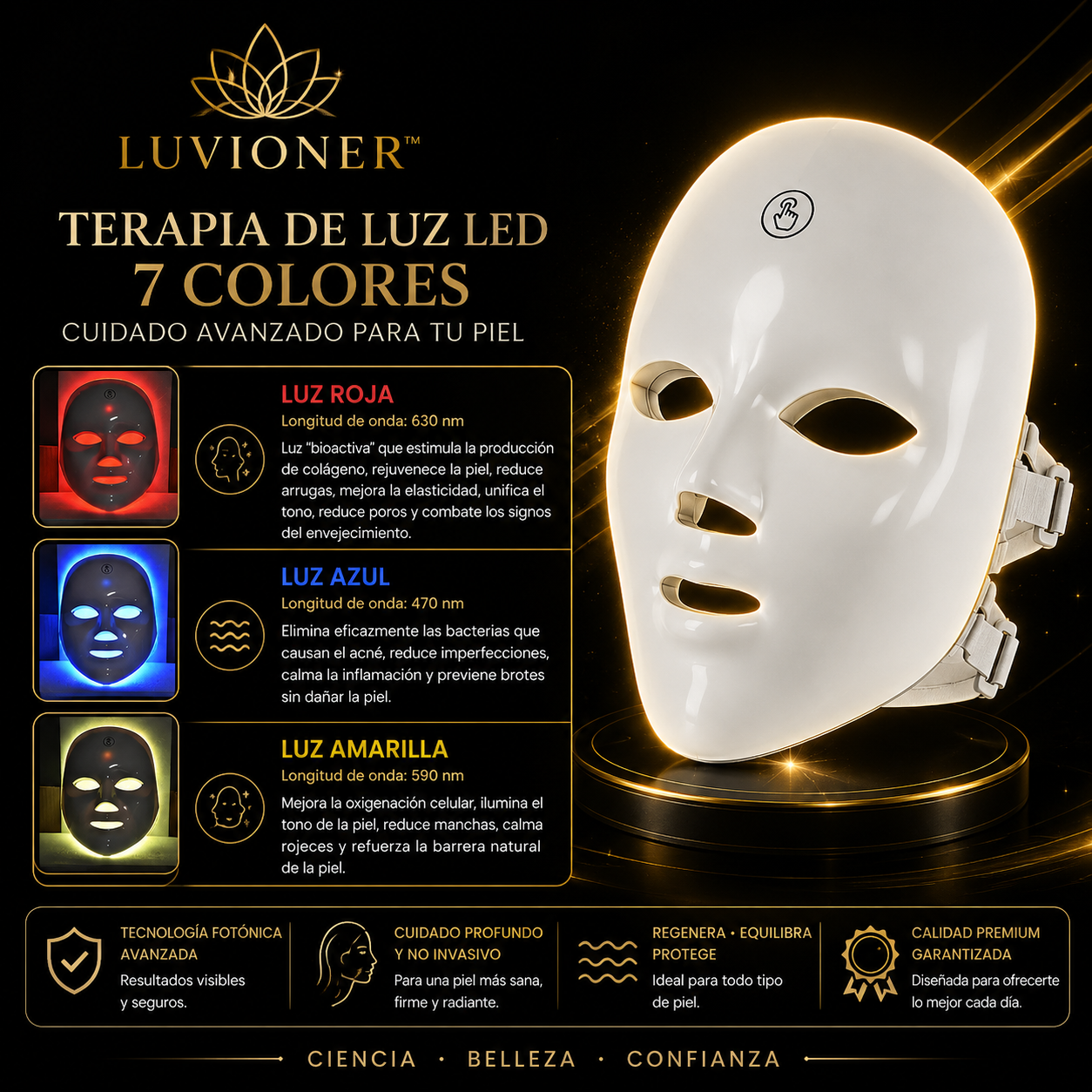 Luvioner AuraLed™ | Mascarilla Facial LED Anti-Edad Premium