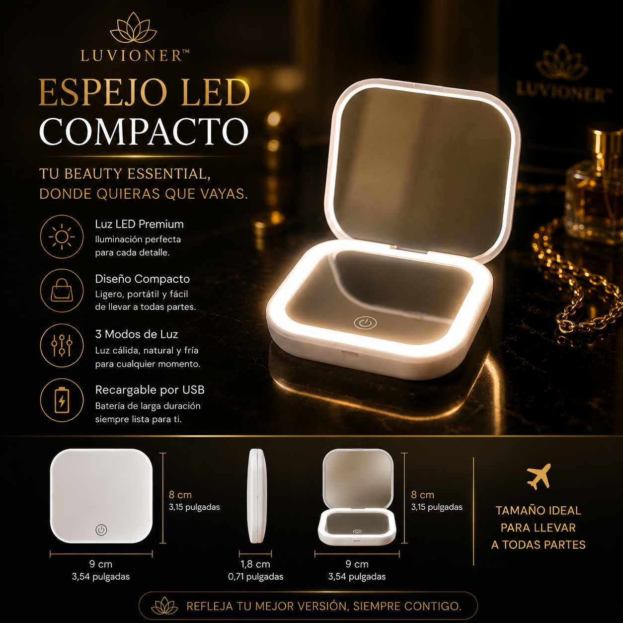 Luvioner GlowMirror™ | Espejo LED Portátil Recargable